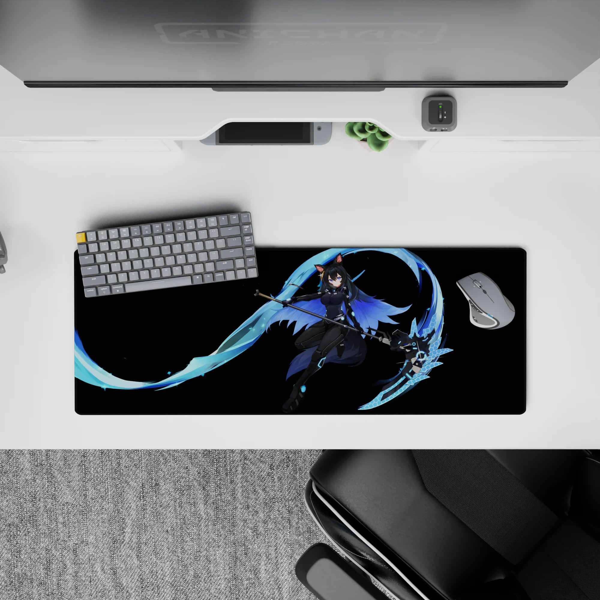 Anime girl mouse pad 32x12 inches in deep black with icy cyan glow, hex accents, and sleek cyber vibe.