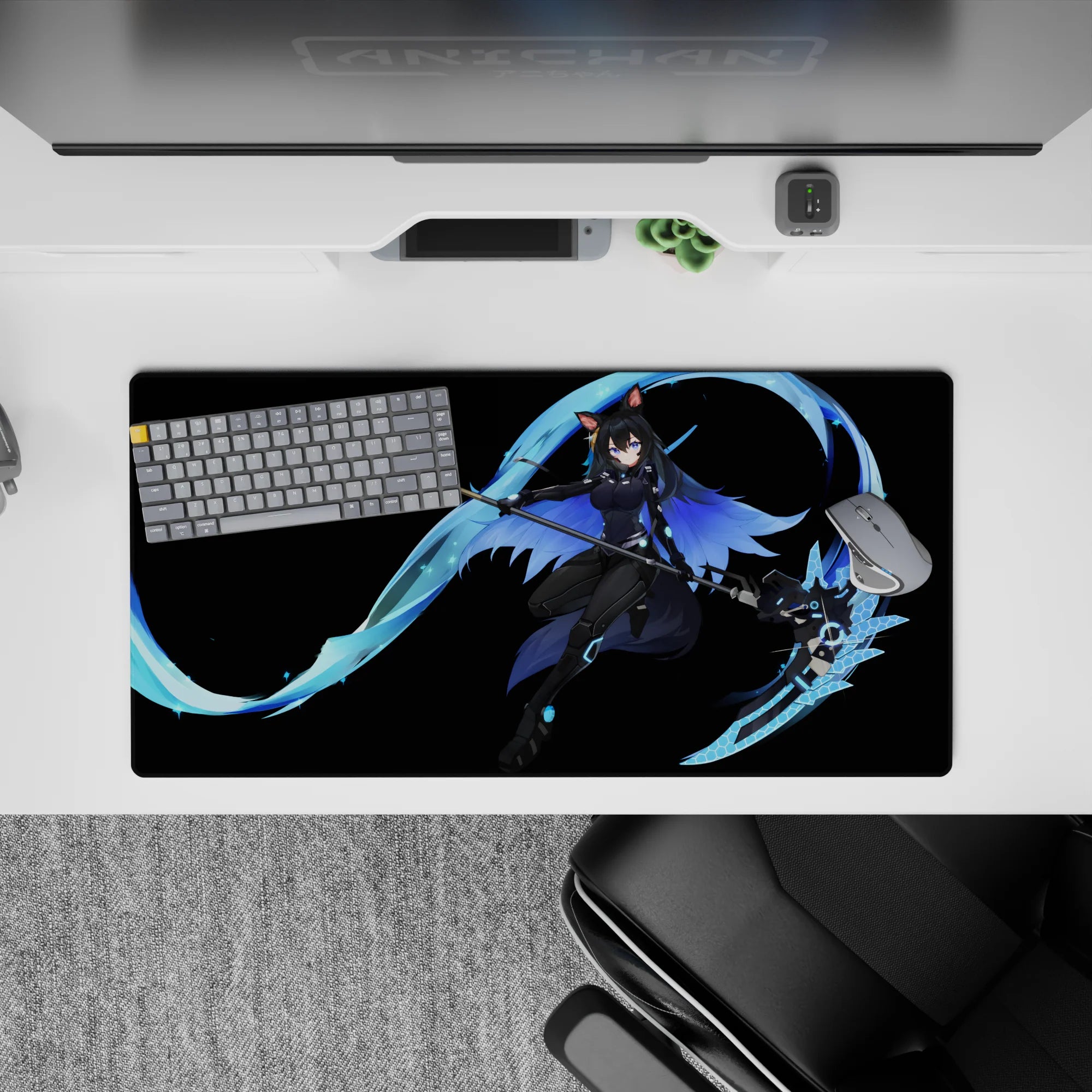 Neon-blue and icy cyan on deep black anime girl mouse pad 32x16 inches, cozy yet edgy cyber ninja vibe.