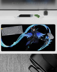 Neon-blue and icy cyan on deep black anime girl mouse pad 32x16 inches, cozy yet edgy cyber ninja vibe.