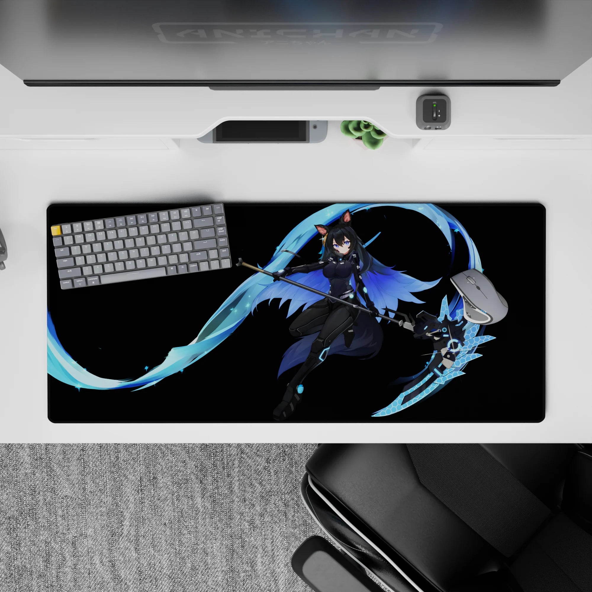 36x16 inches anime desk pad in deep black with icy cyan glow, hex patterns, and sleek futuristic ninja mood.