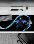 36x16 inches anime desk pad in deep black with icy cyan glow, hex patterns, and sleek futuristic ninja mood.