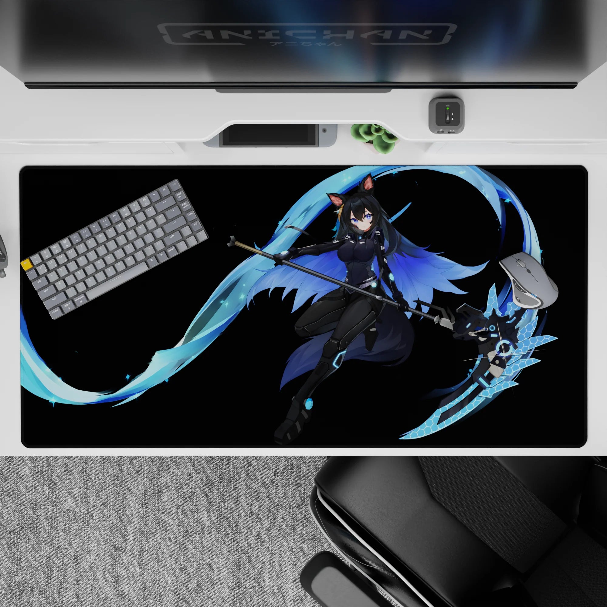 40x20 inches anime girl mouse pad in deep black with icy cyan glow, hex accents, and ninja vibe.