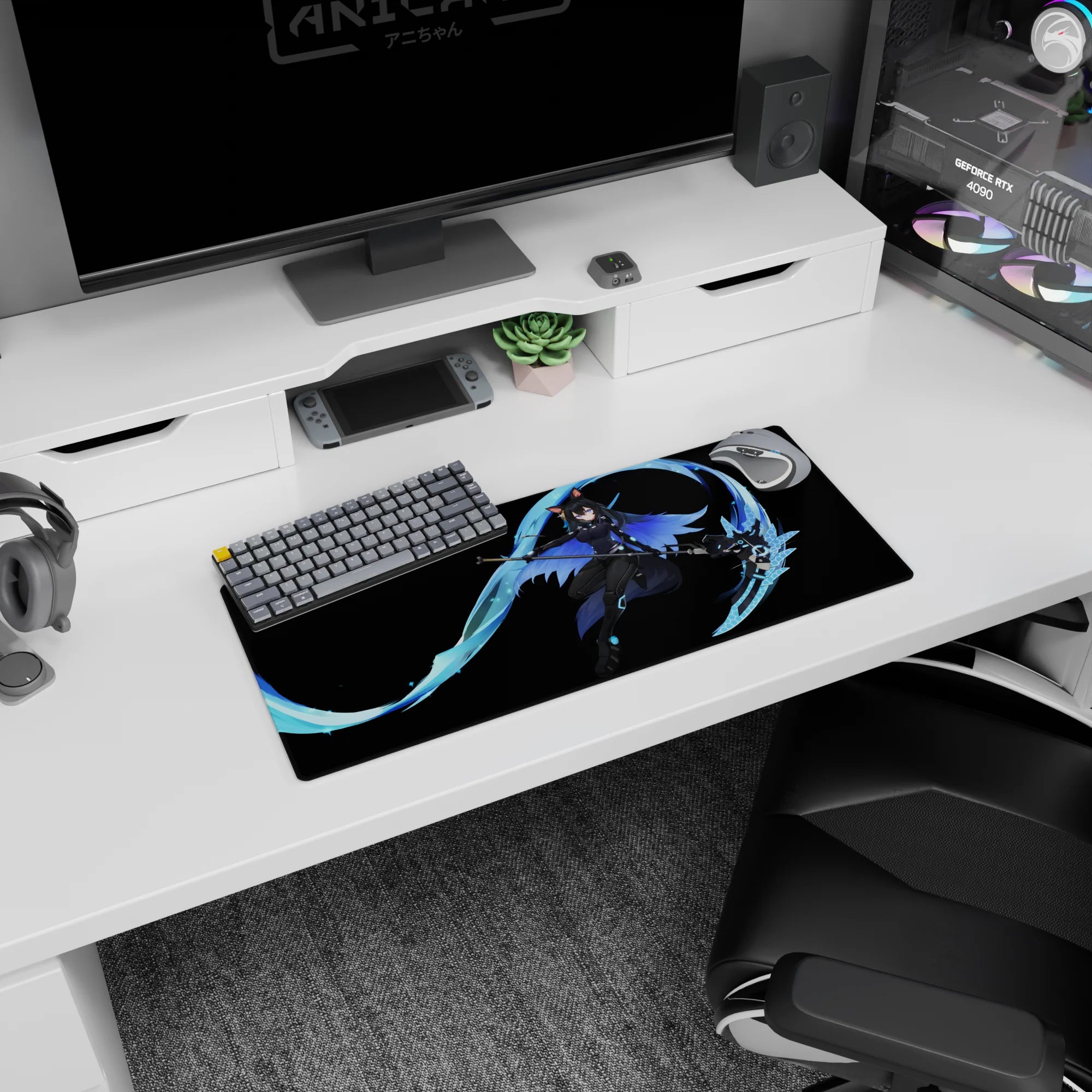 28x12 inches mouse pad showing a cute cat-eared anime warrior mid-strike with a glowing scythe and blue ribbon.