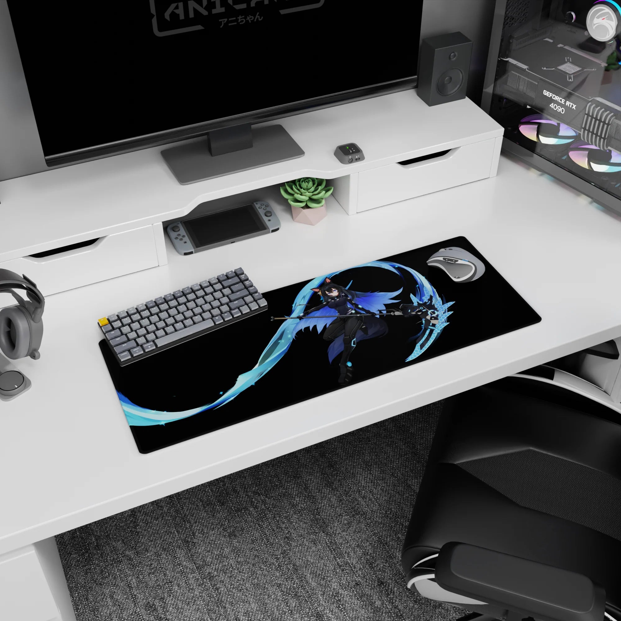 Anime girl mouse pad 32x12 inches featuring a cat-eared warrior wielding a glowing scythe mid-strike.