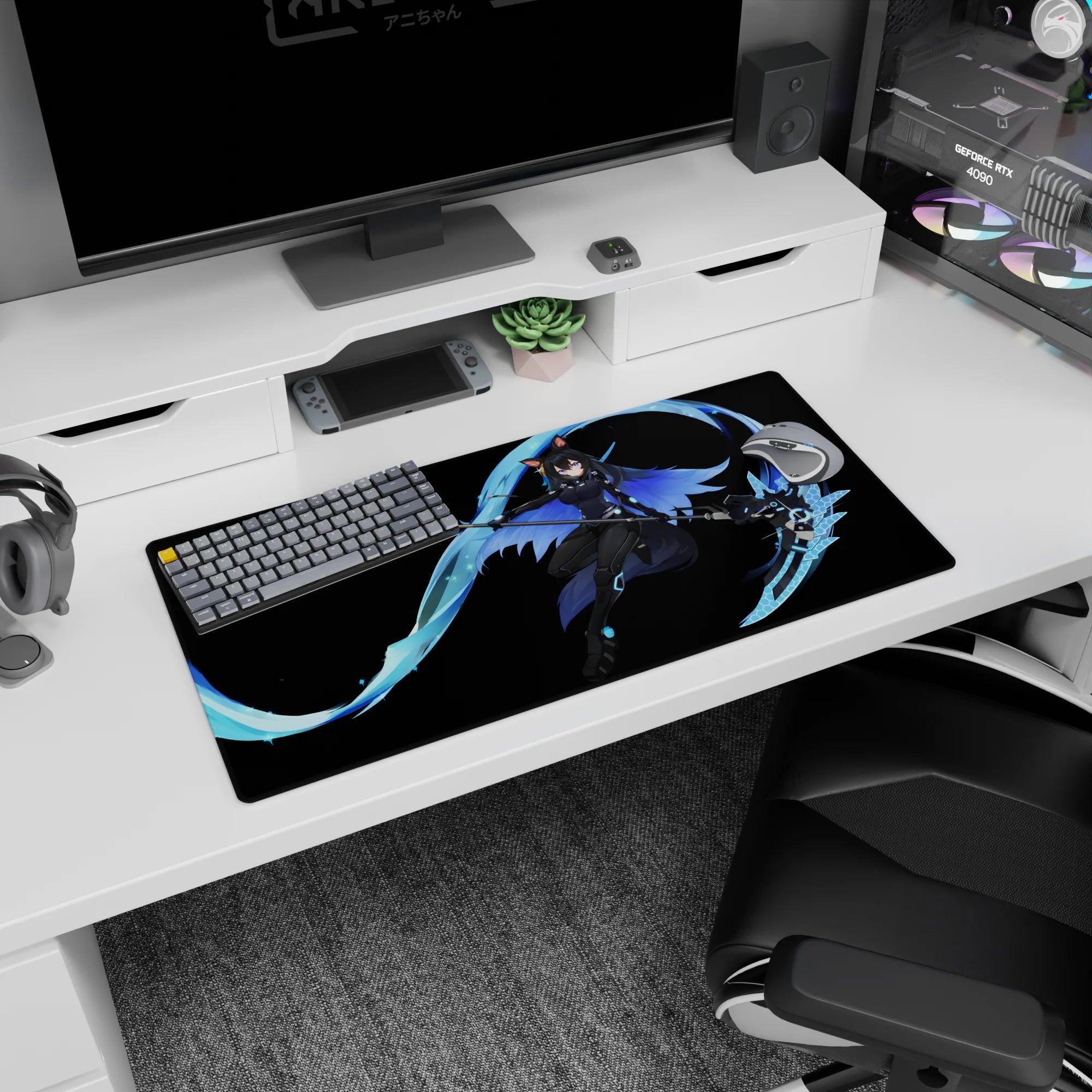 Cat-eared anime warrior gripping a glowing scythe with hex patterns on mouse pad 32x16 inches.