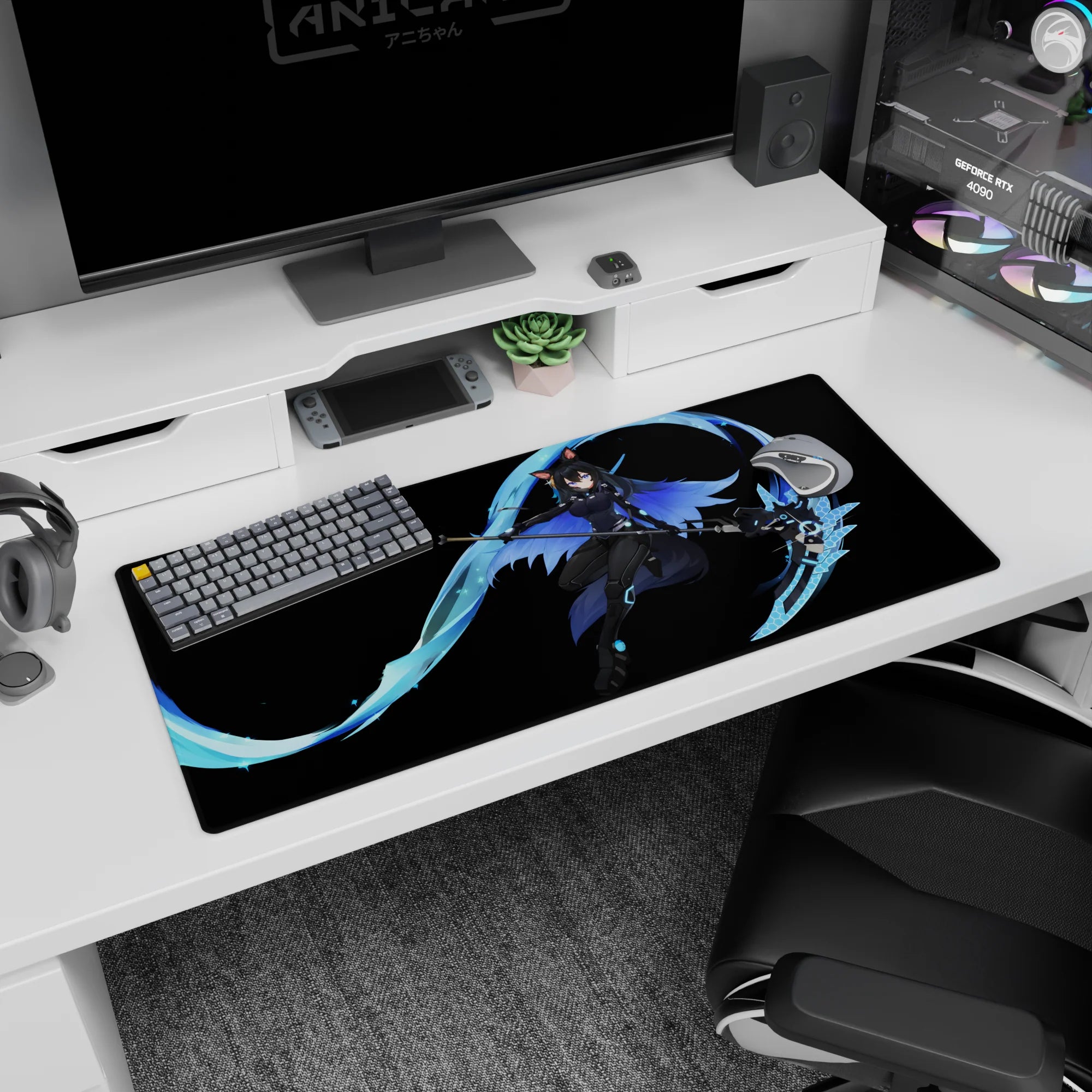 Anime girl desk pad 36x16 inches showing a cat-eared fighter mid-strike, scythe raised with neon-blue ribbon trail.