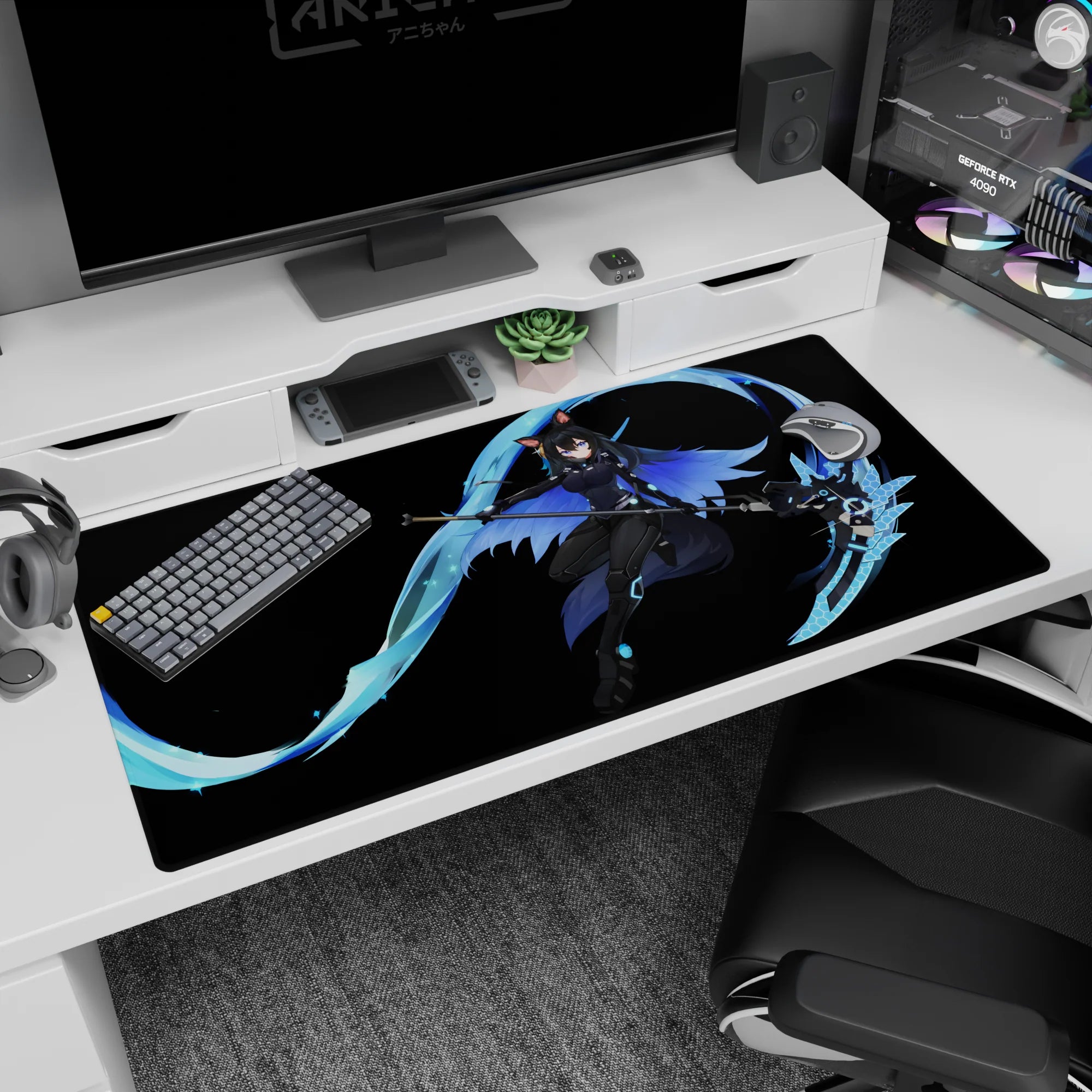 40x20 inches desk pad showing a cat-eared anime warrior mid-strike, neon-blue ribbon and scythe blade.