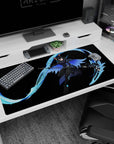 40x20 inches desk pad showing a cat-eared anime warrior mid-strike, neon-blue ribbon and scythe blade.