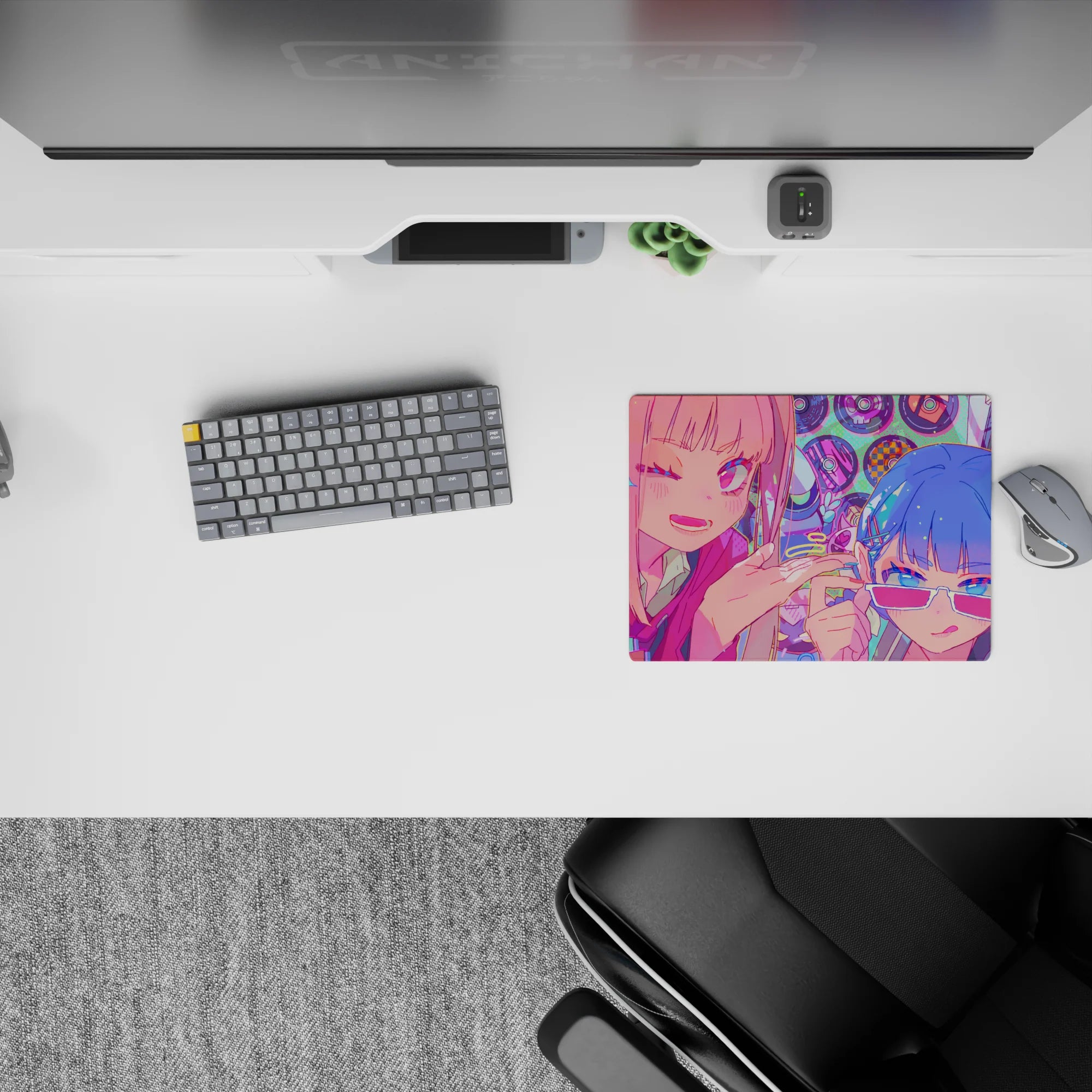 Neon candy chaos anime mouse pad 14x10 inches in hot pink, icy blue, and mint dots, loud playful vibe.