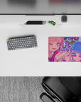 Neon candy chaos anime mouse pad 14x10 inches in hot pink, icy blue, and mint dots, loud playful vibe.