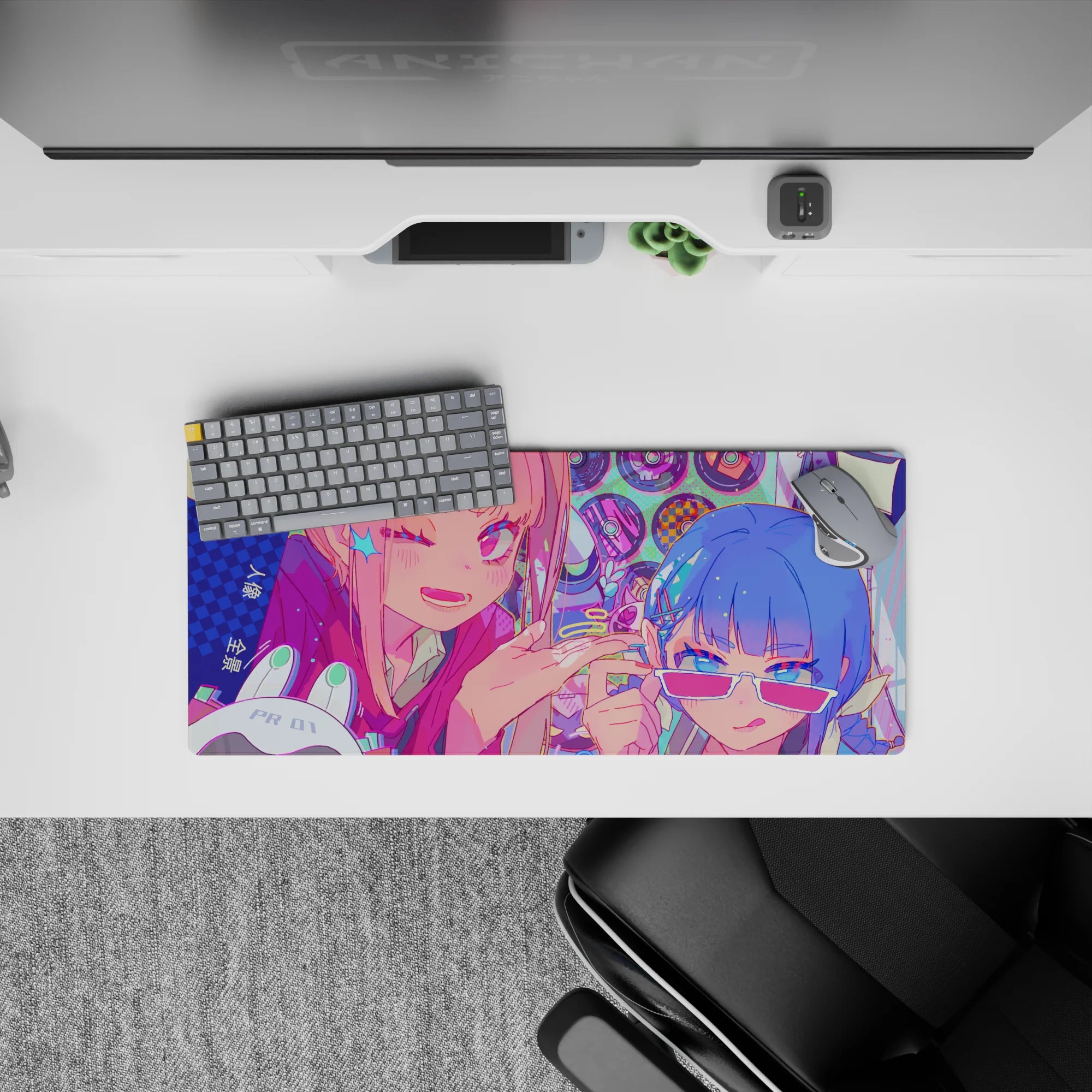 28x12 inches neon hot pink, icy blue, mint dot anime mouse pad with loud candy-pop bestie vibe.