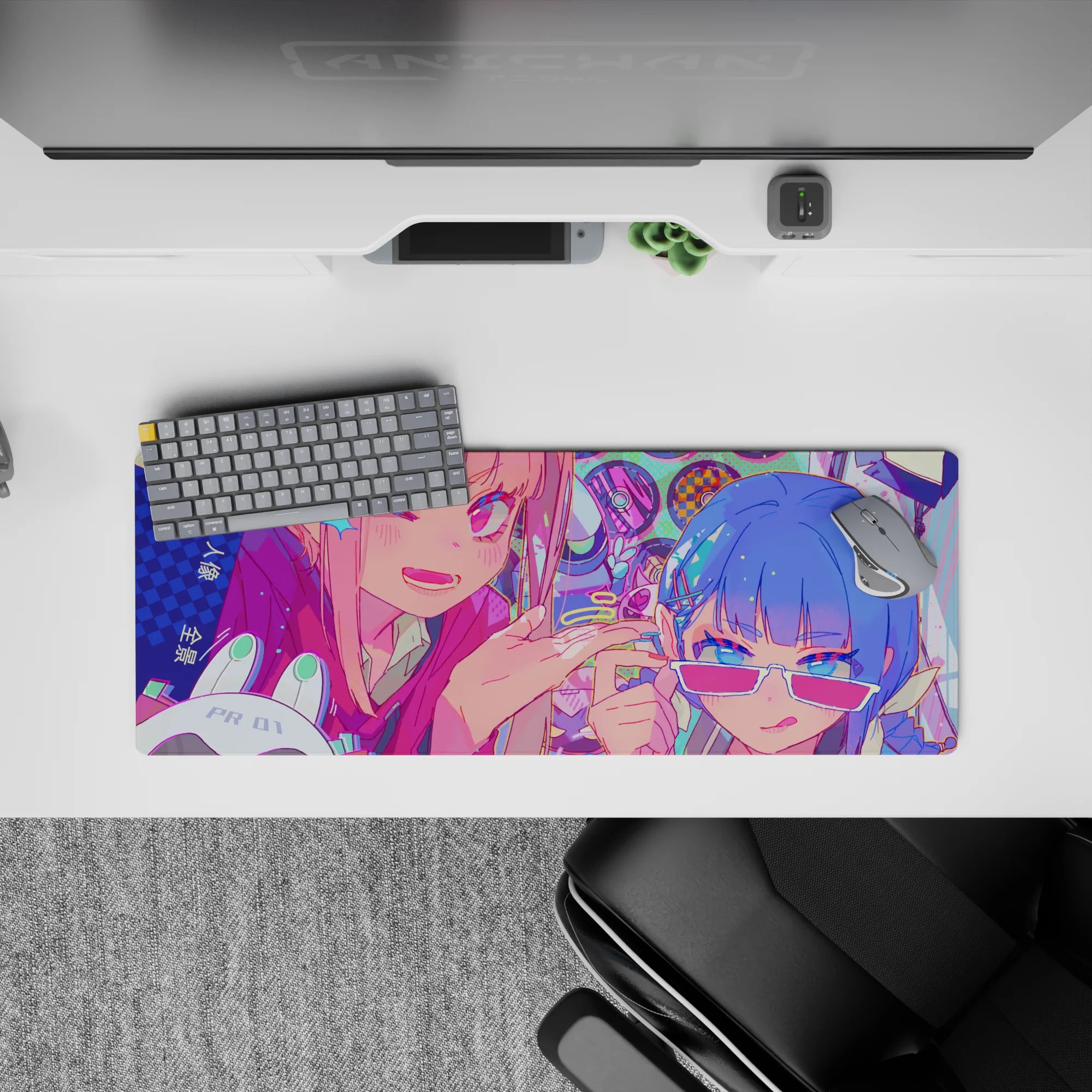 32x12 inches neon kawaii mouse pad in hot pink, icy blue, and mint dots for loud playful desk vibes.