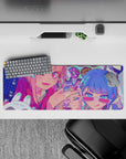 32x12 inches neon kawaii mouse pad in hot pink, icy blue, and mint dots for loud playful desk vibes.