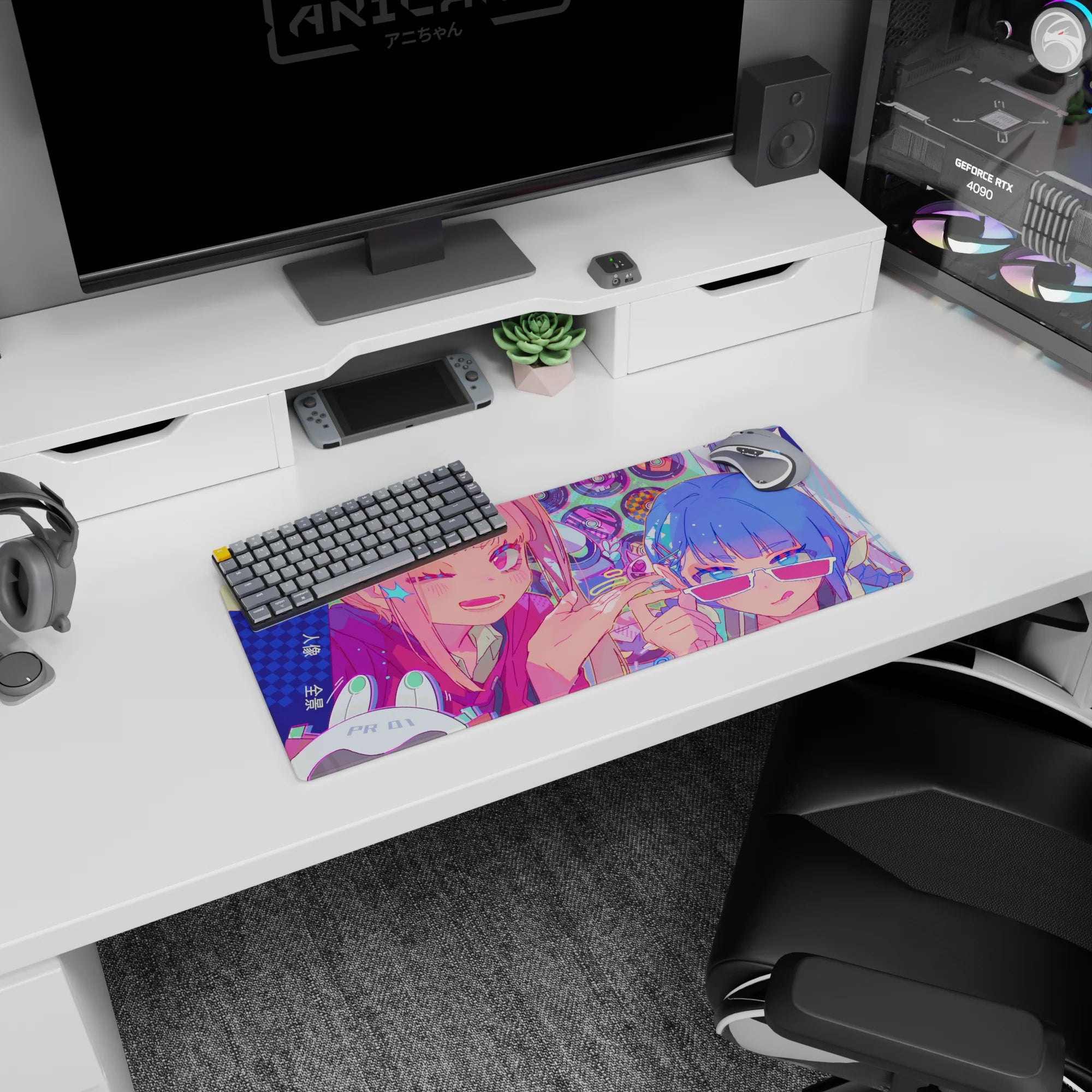 28x12 inches anime mouse pad featuring winking pink-haired girl and blue-haired friend in sunglasses.