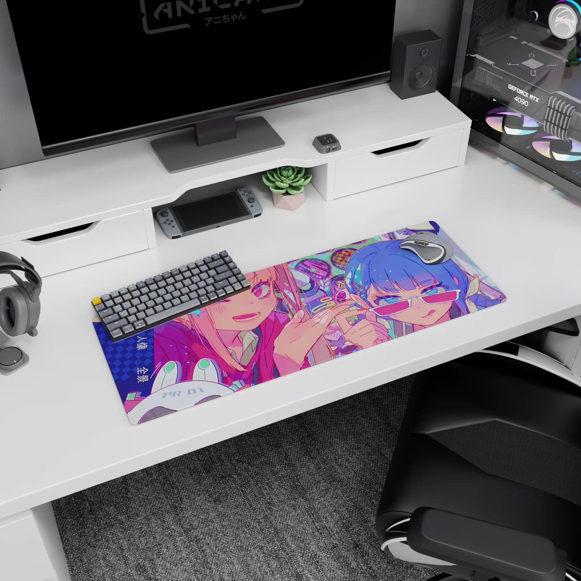 32x12 inches anime mouse pad with winking pink-haired girl and blue-haired friend in sunglasses close-up.