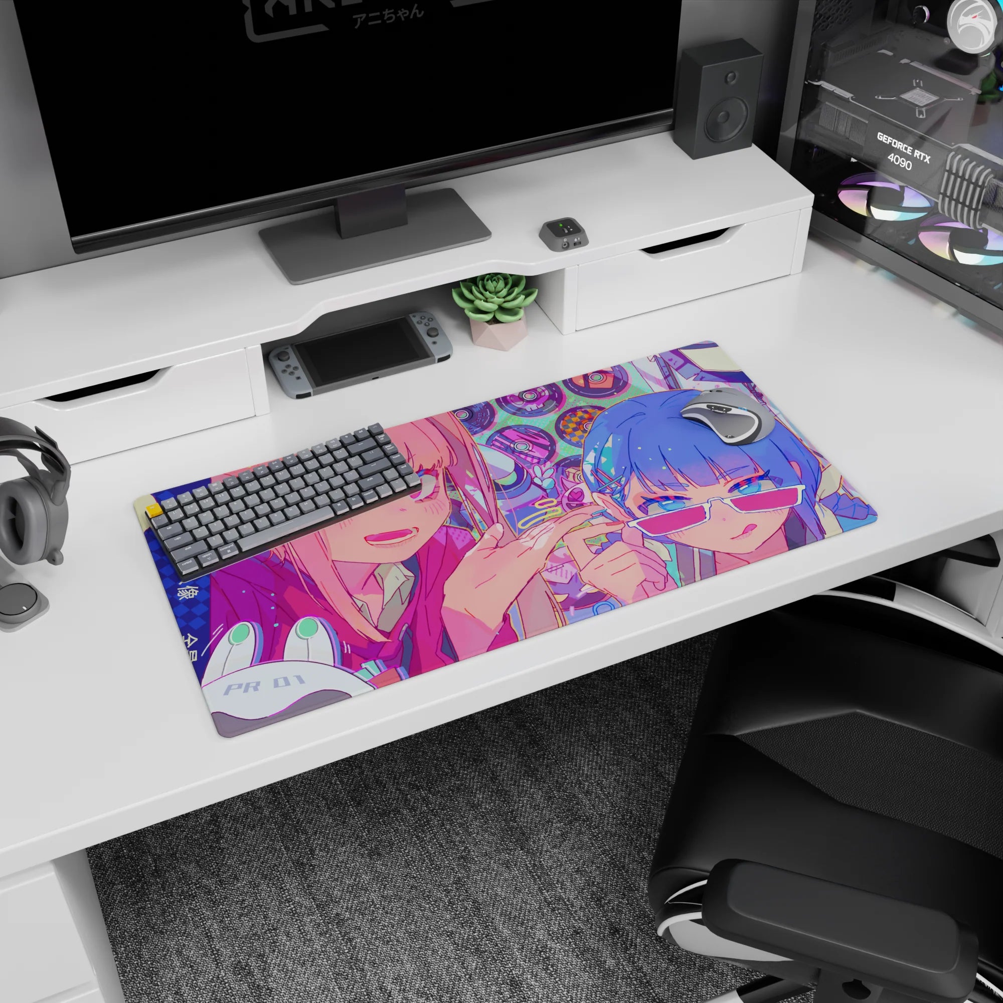 32x16 inches mouse pad showing a winking pink-haired girl beside a blue-haired friend lowering sunglasses.