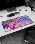 32x16 inches mouse pad showing a winking pink-haired girl beside a blue-haired friend lowering sunglasses.