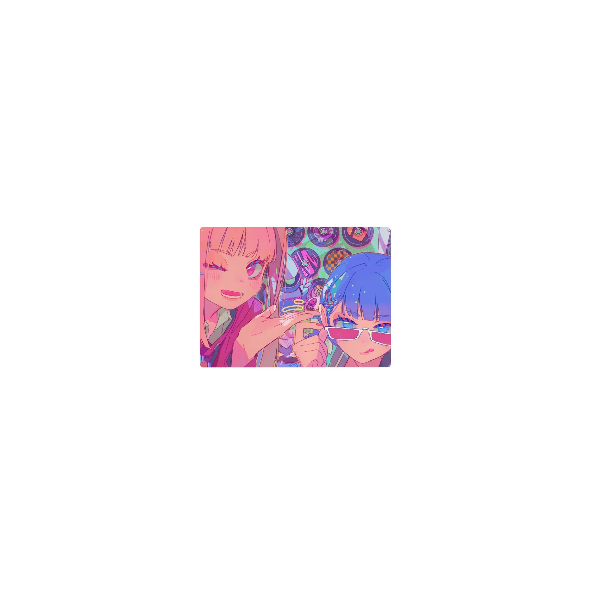 Classic anime girl mouse pad 14x10 inches with two friends, stars, hair clips, Japanese text, vinyl circles.