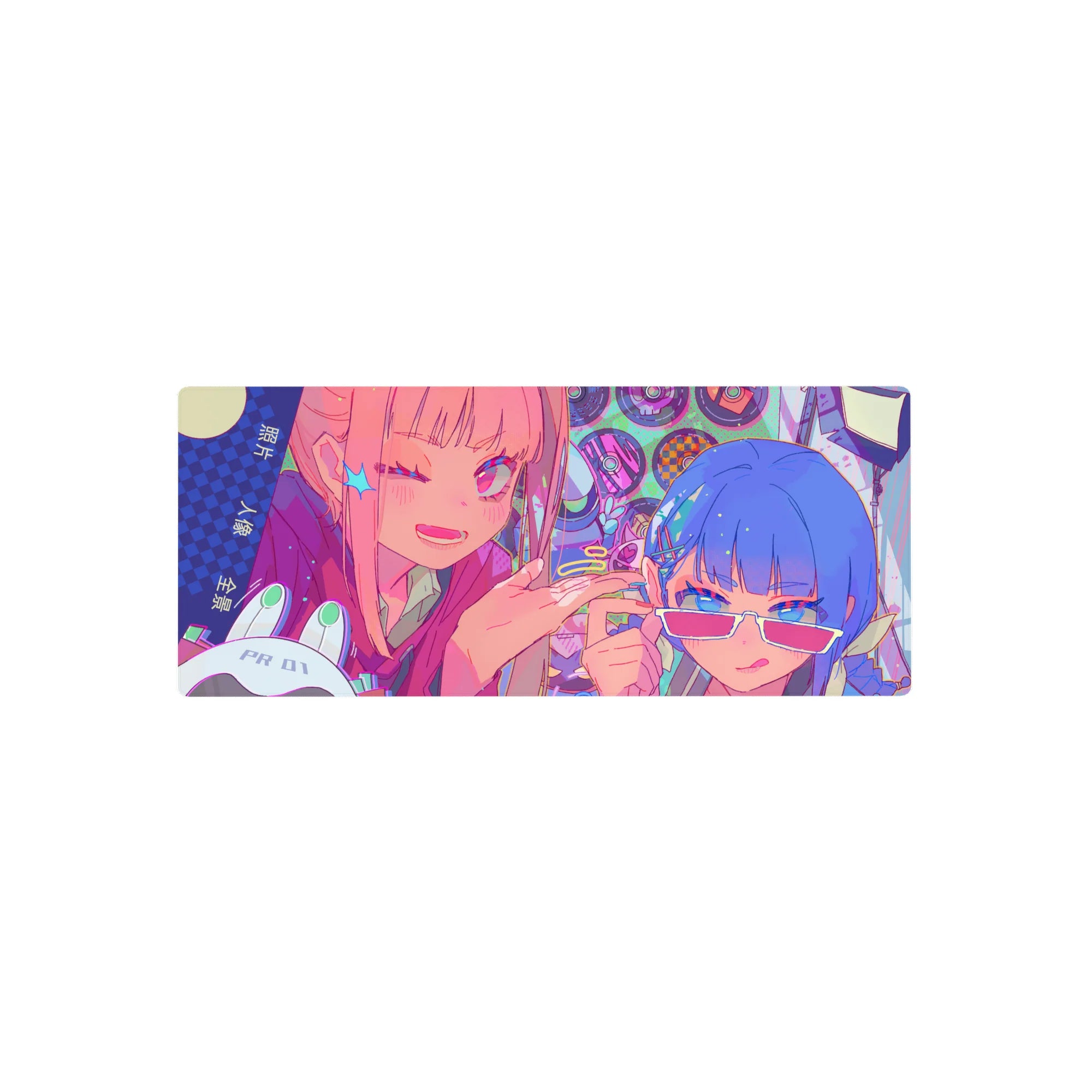 28x12 inches anime girl mouse pad with pink and blue duo, stars, Japanese text, vinyl circle backdrop.