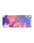 28x12 inches anime girl mouse pad with pink and blue duo, stars, Japanese text, vinyl circle backdrop.