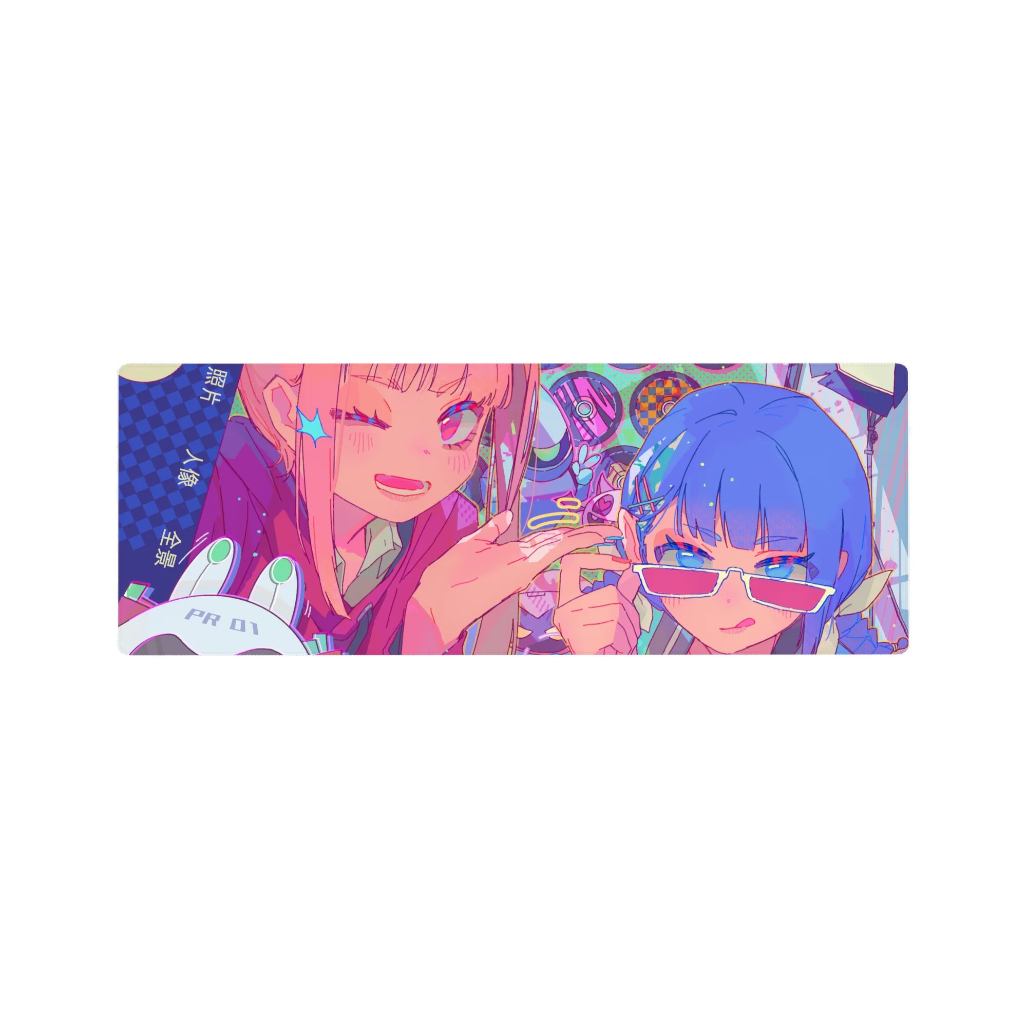 32x12 inches anime girl mouse pad with two friends, stars, hair clips, and Japanese text pop backdrop.