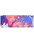 32x12 inches anime girl mouse pad with two friends, stars, hair clips, and Japanese text pop backdrop.