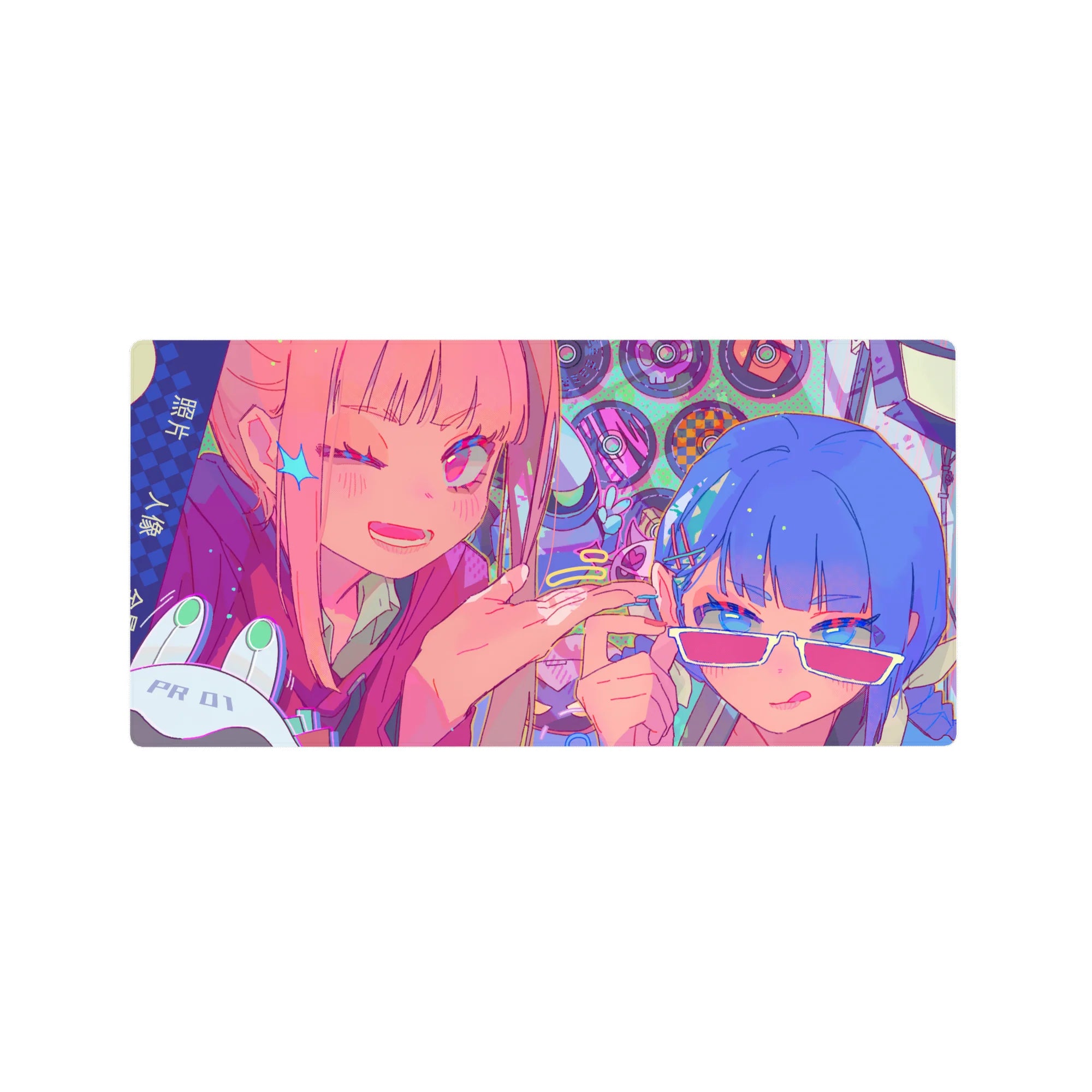 32x16 inches anime girl mouse pad with neon duo, stars, hair clips, vinyl circles, Japanese text.