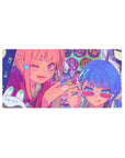 32x16 inches anime girl mouse pad with neon duo, stars, hair clips, vinyl circles, Japanese text.