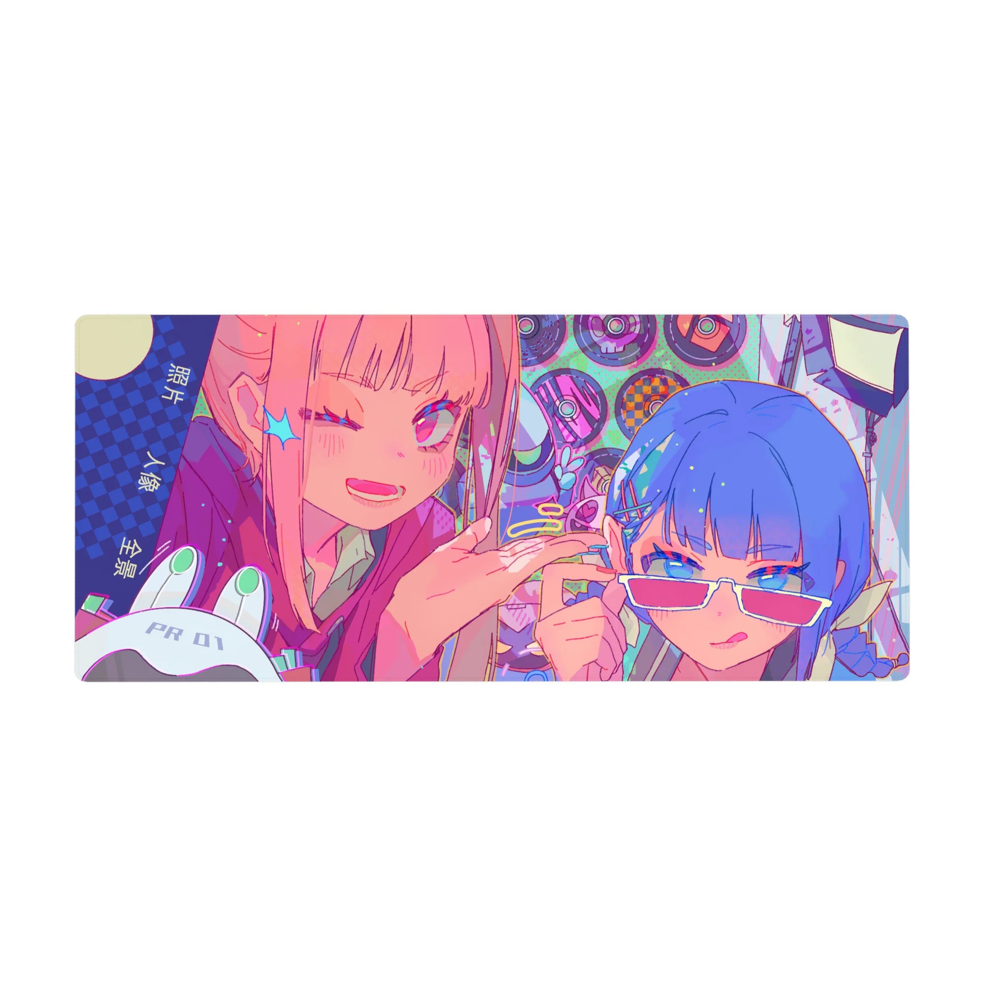 36x16 inches anime girl desk pad with two friends, stars, hair clips, vinyl circles, and Japanese text.