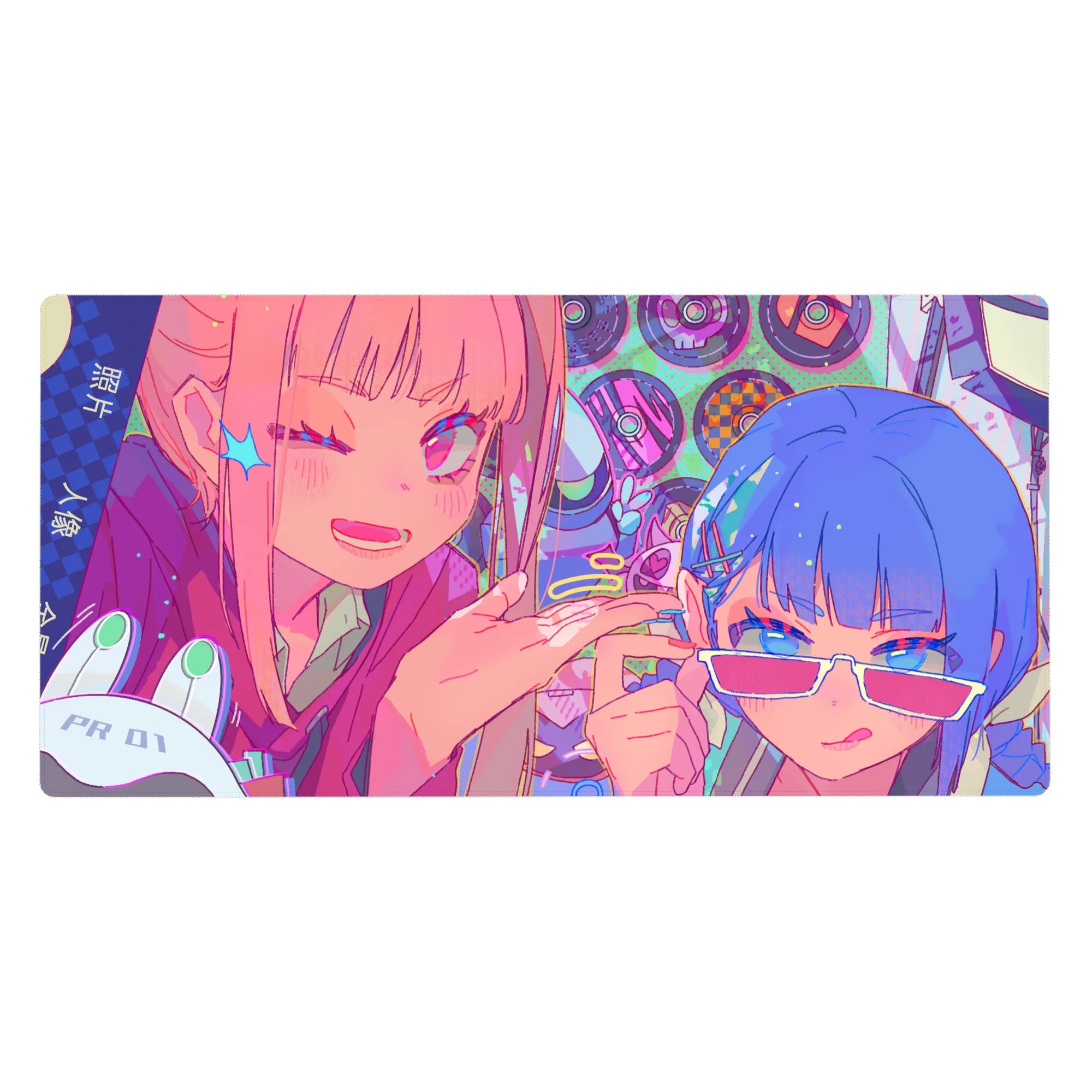 Anime girl desk pad 40x20 inches with neon pop art, Japanese text, stars, vinyl circles, and bold clips.