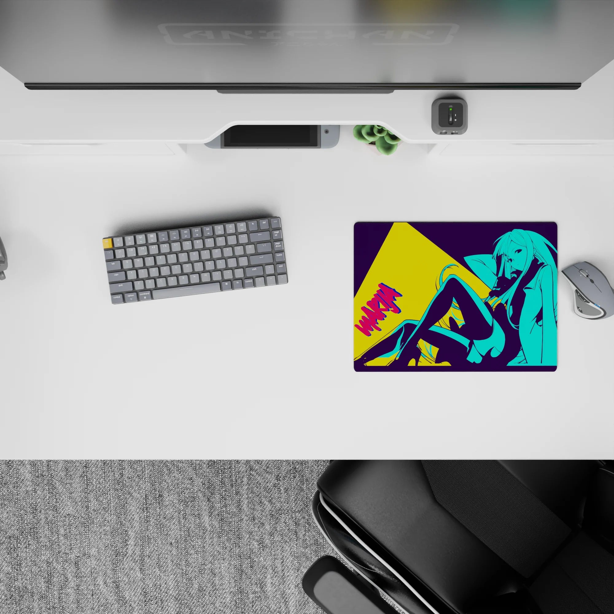 Neon anime mouse pad 14x10 inches in electric cyan, deep purple, and bold yellow for a daring vibe.