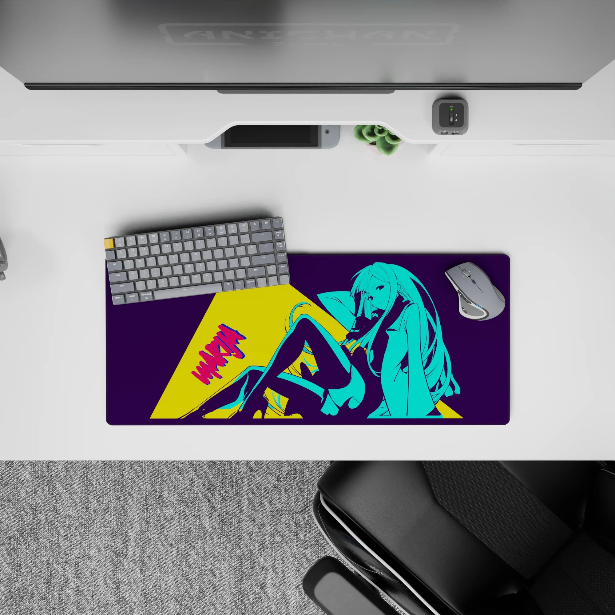 28x12 inches neon anime desk mat in electric cyan and deep purple with bold yellow comic panel vibe.