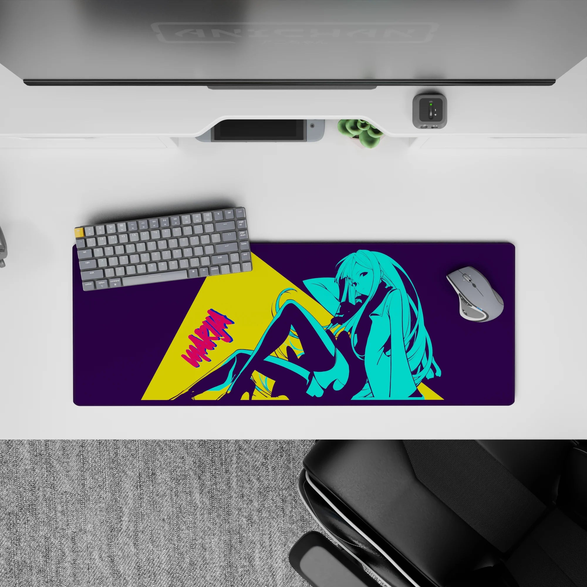 32x12 inches anime girl mouse pad in electric cyan and deep purple with bold yellow comic panel.