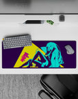32x12 inches anime girl mouse pad in electric cyan and deep purple with bold yellow comic panel.
