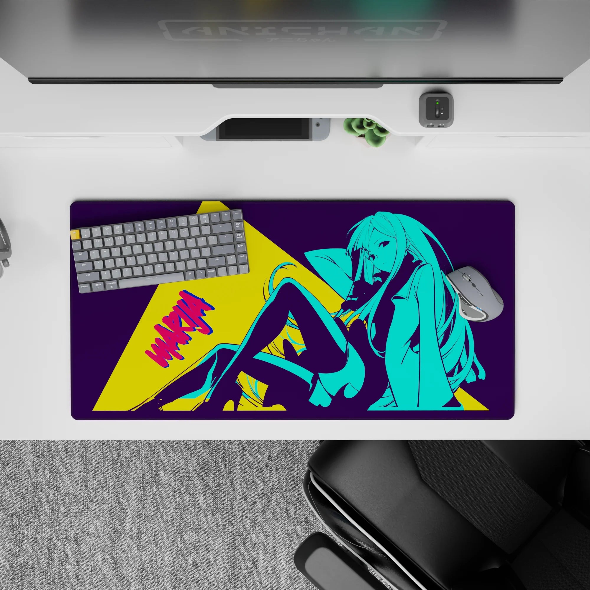 Neon cyan and deep purple anime desk mat 32x16 inches with loud yellow comic accents, daring vibe.