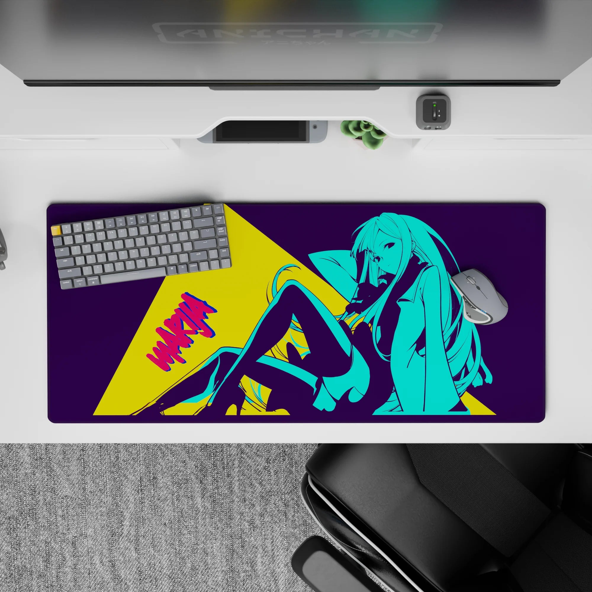 Electric cyan on deep purple anime desk pad 36x16 inches with bold yellow panel and daring vibe.