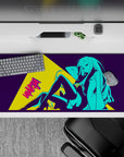 Electric cyan on deep purple anime desk pad 36x16 inches with bold yellow panel and daring vibe.
