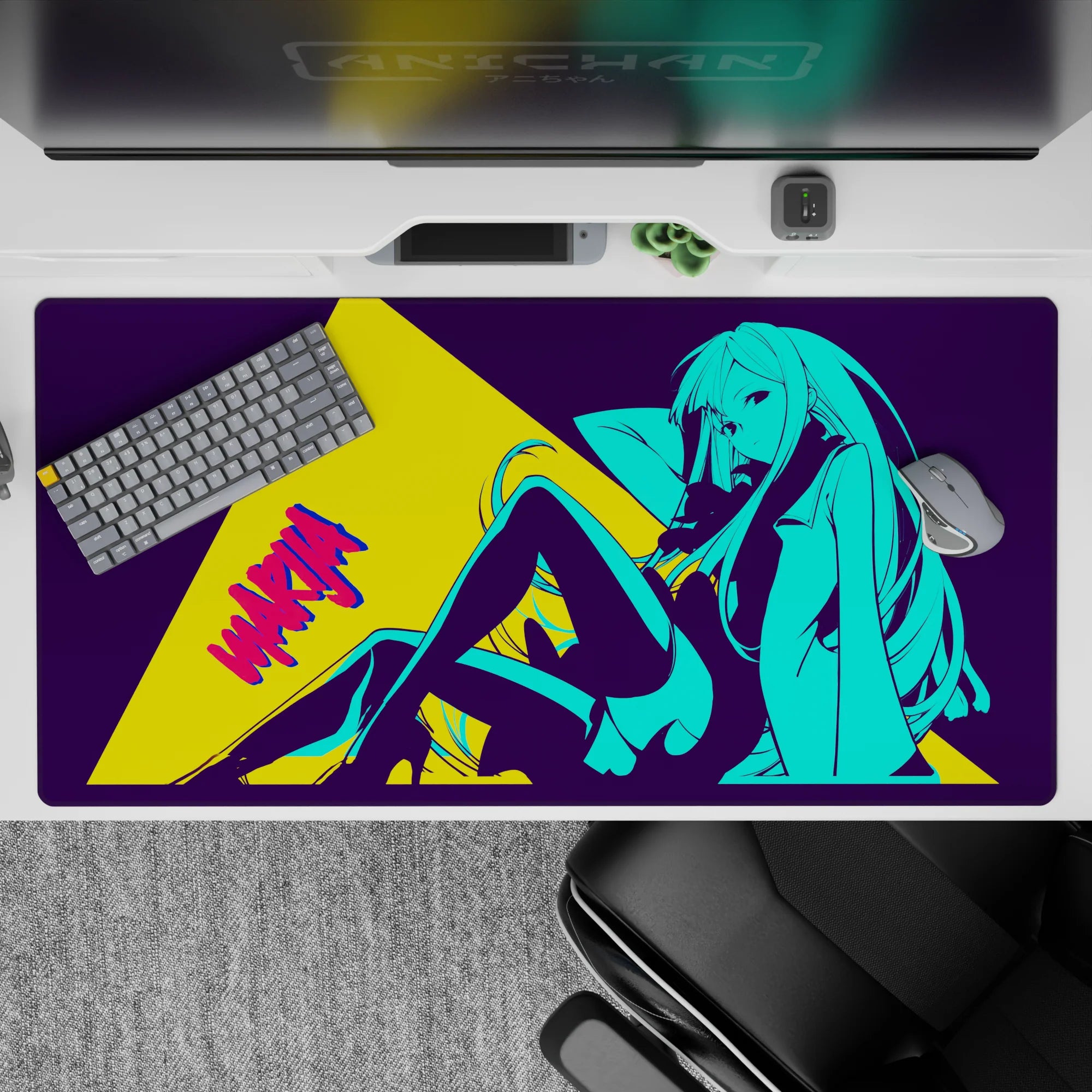 40x20 inches neon cyan and deep purple desk pad with bold yellow comic accents, playful daring vibe.
