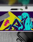 40x20 inches neon cyan and deep purple desk pad with bold yellow comic accents, playful daring vibe.