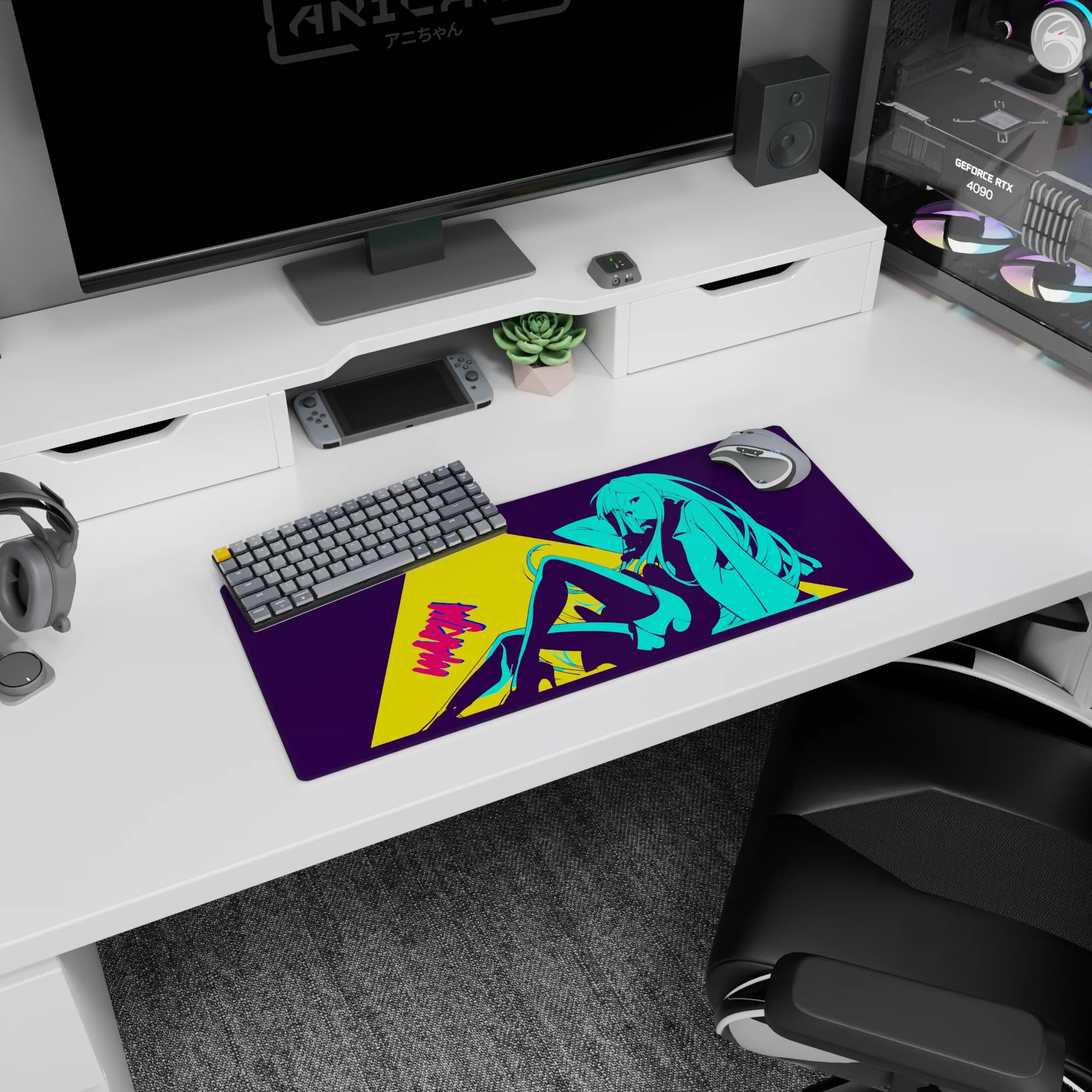 28x12 inches mouse pad showing long-haired anime girl lounging slyly, legs stretched, chin tipped.