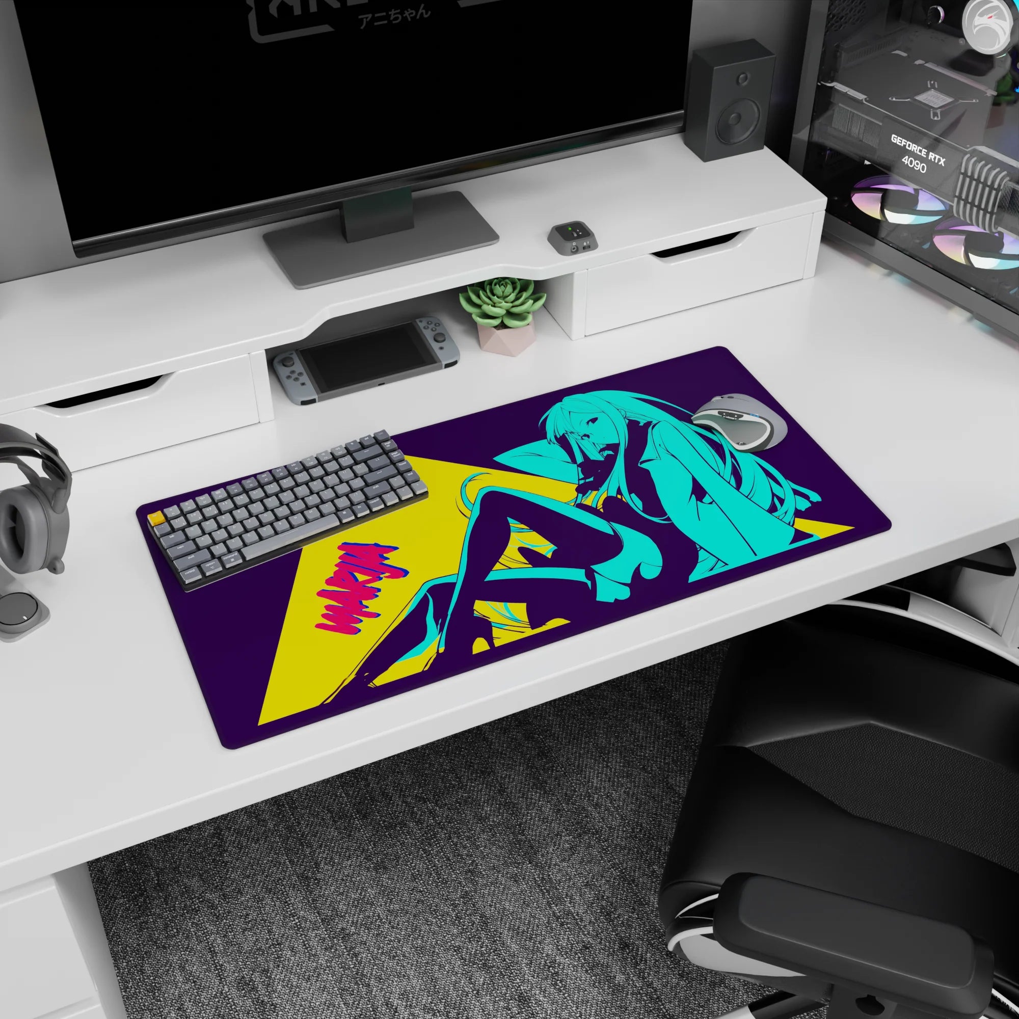 Long-haired anime girl lounging pin-up style on mouse pad 32x16 inches, sleek bodysuit and thigh-highs.
