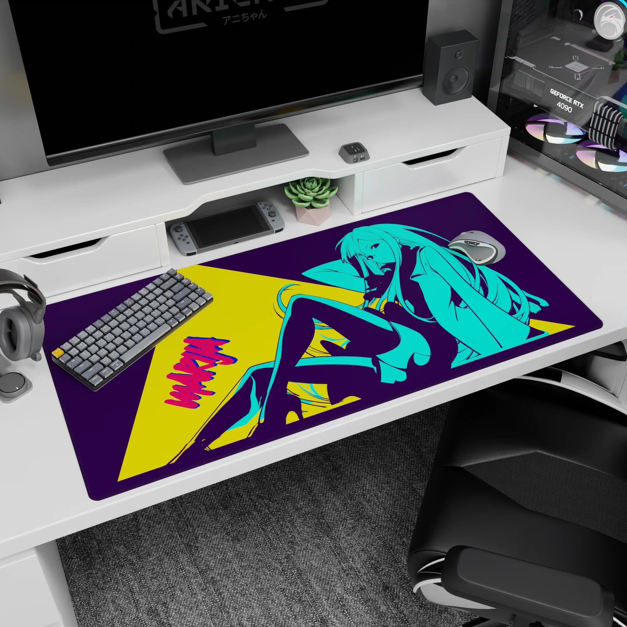 40x20 inches desk pad showing long-haired anime girl lounging legs stretched, sly grin, sleek bodysuit.