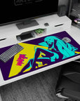 40x20 inches desk pad showing long-haired anime girl lounging legs stretched, sly grin, sleek bodysuit.