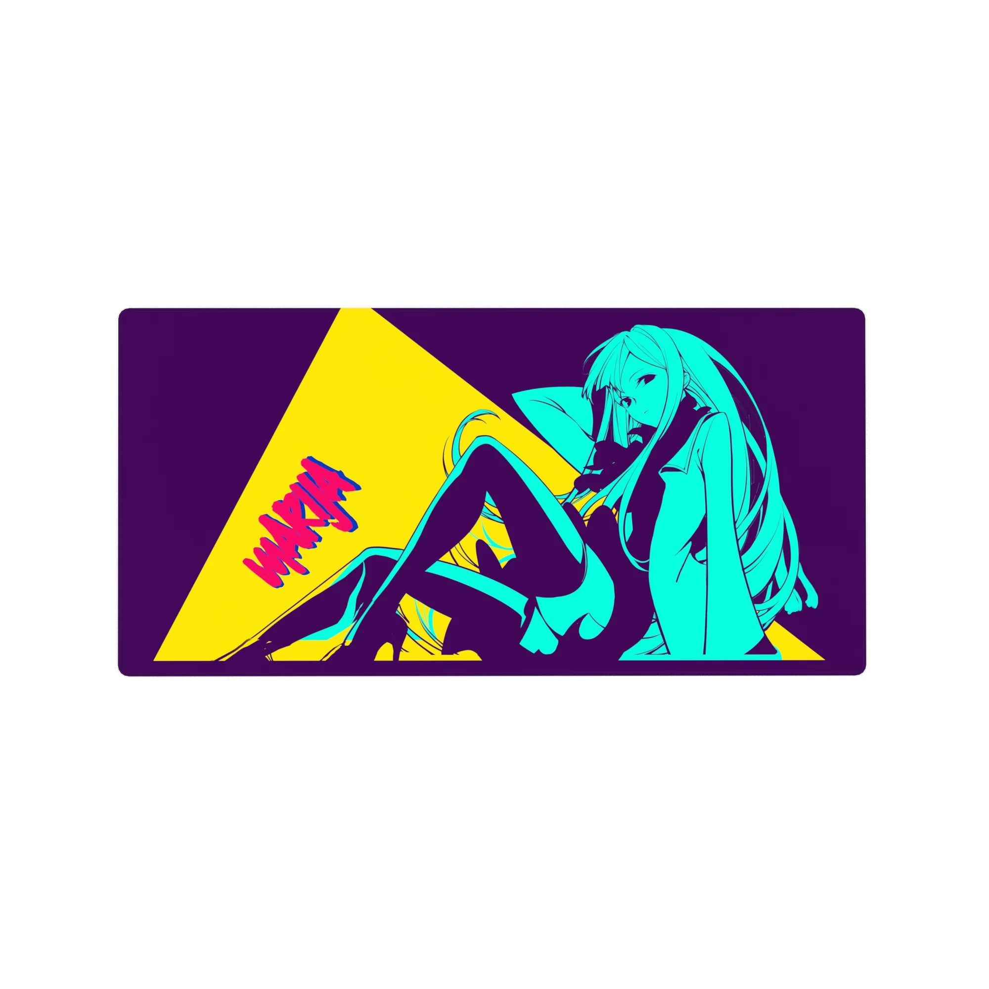 Anime girl mouse pad 32x16 inches with neon pin-up pose, comic poster panel, jacket and thigh-highs.