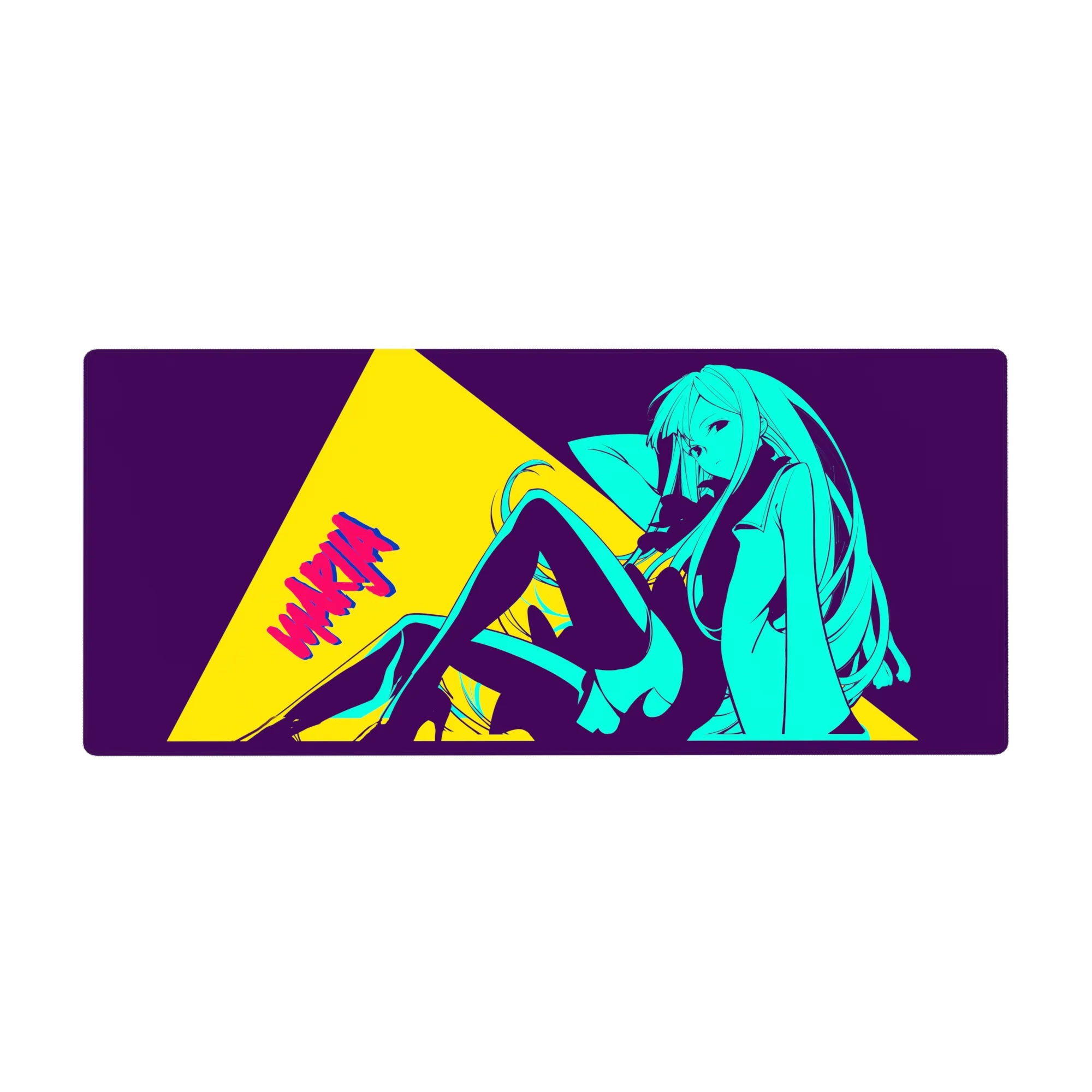 Anime girl desk pad 36x16 inches with neon pin-up pose, comic poster accents, and streetwear style.