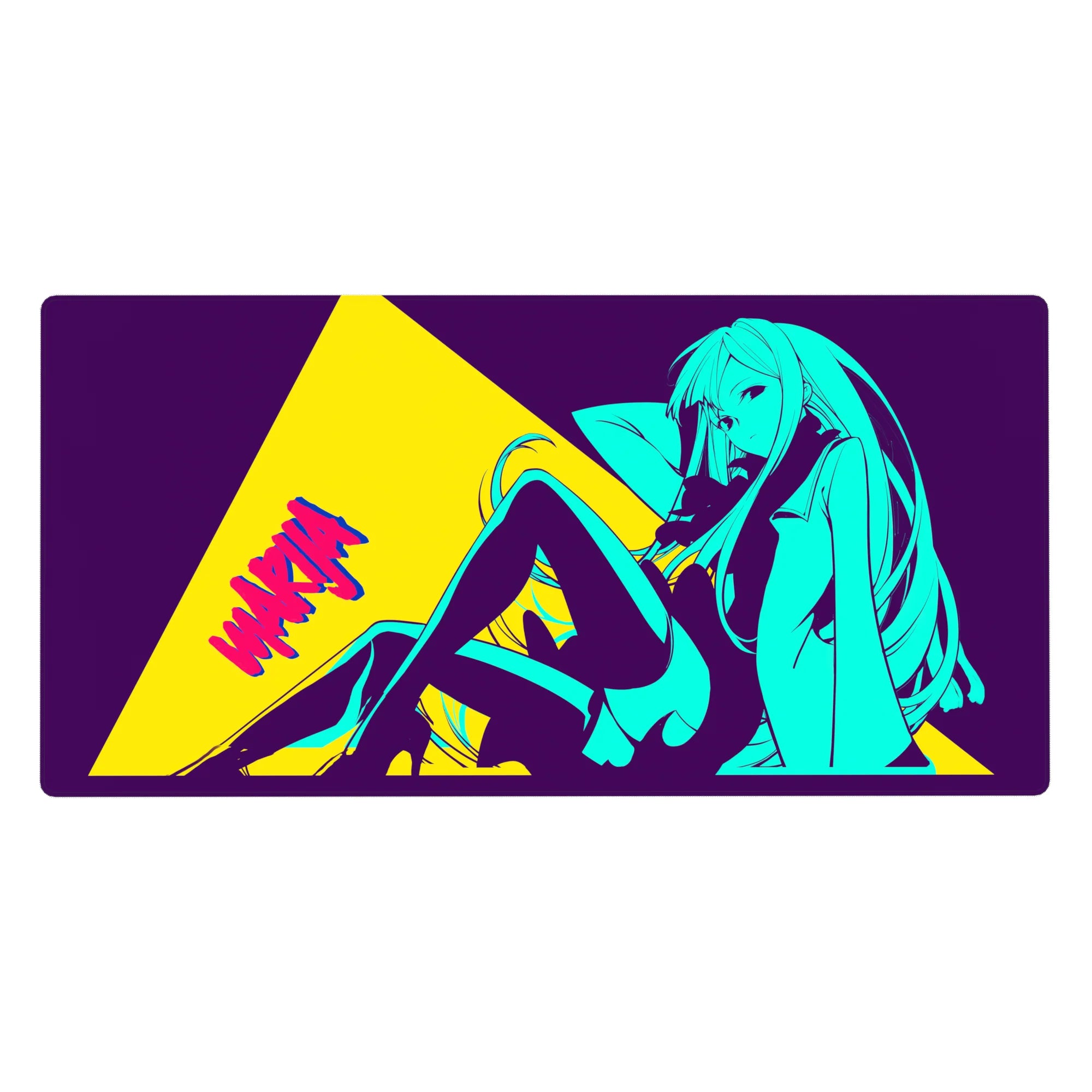 40x20 inches anime girl desk pad with neon pin-up pose, comic poster panel, jacket and thigh-highs.