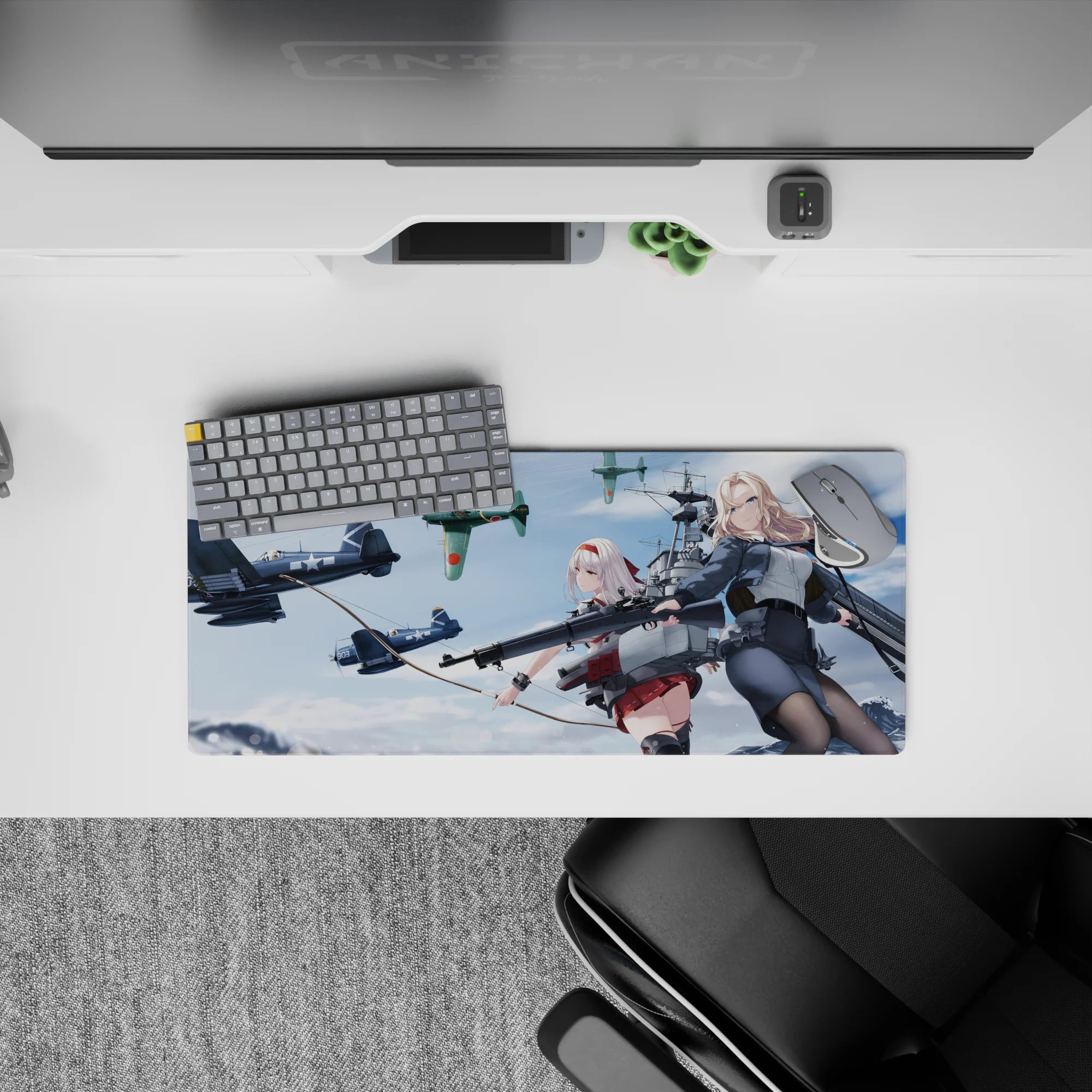 28x12 inches anime desk mat in crisp blues and soft clouds with steel greys and bold red accents.