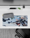 28x12 inches anime desk mat in crisp blues and soft clouds with steel greys and bold red accents.