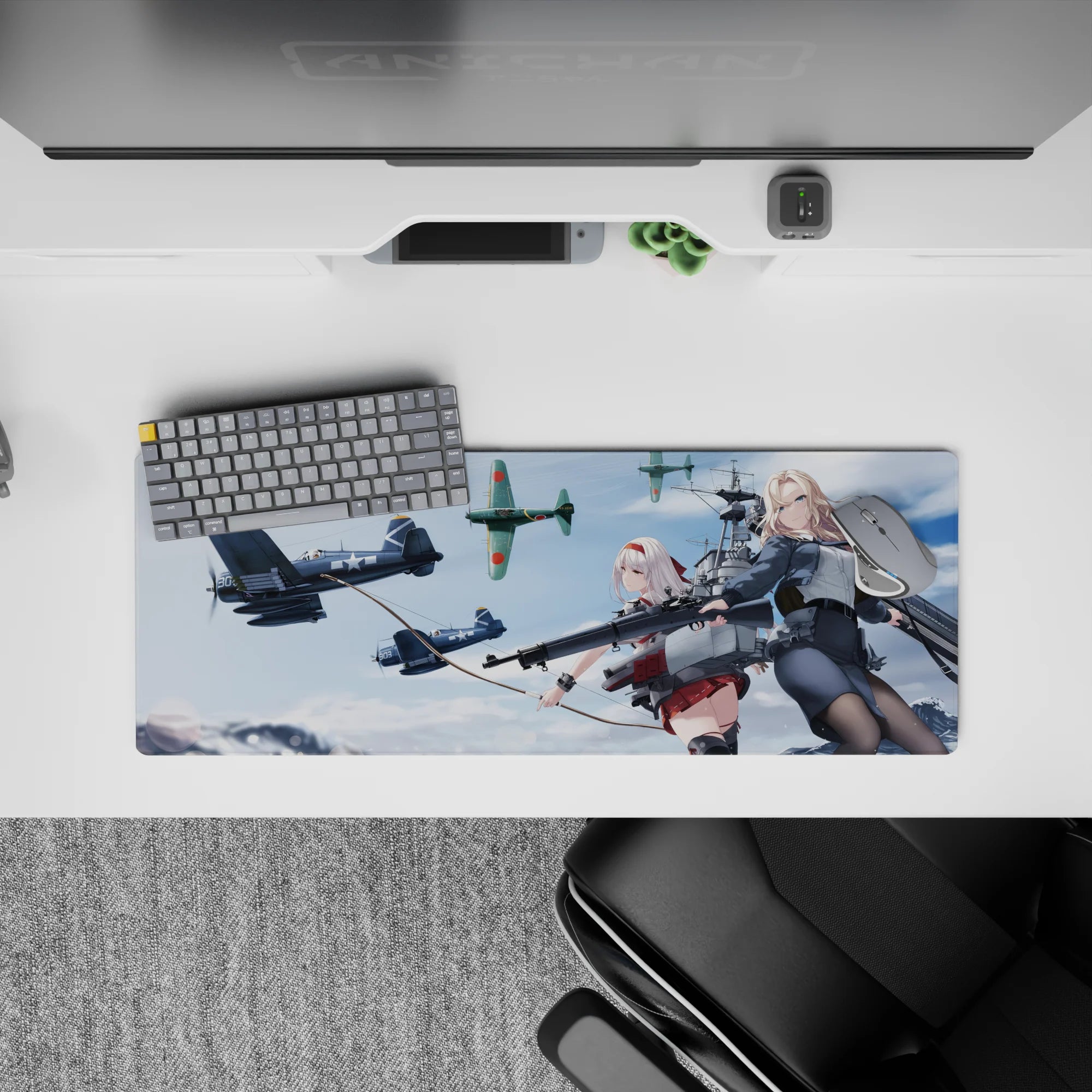 32x12 inches anime desk mat in crisp blues, soft clouds, steel greys and bold reds, mid-mission vibe.