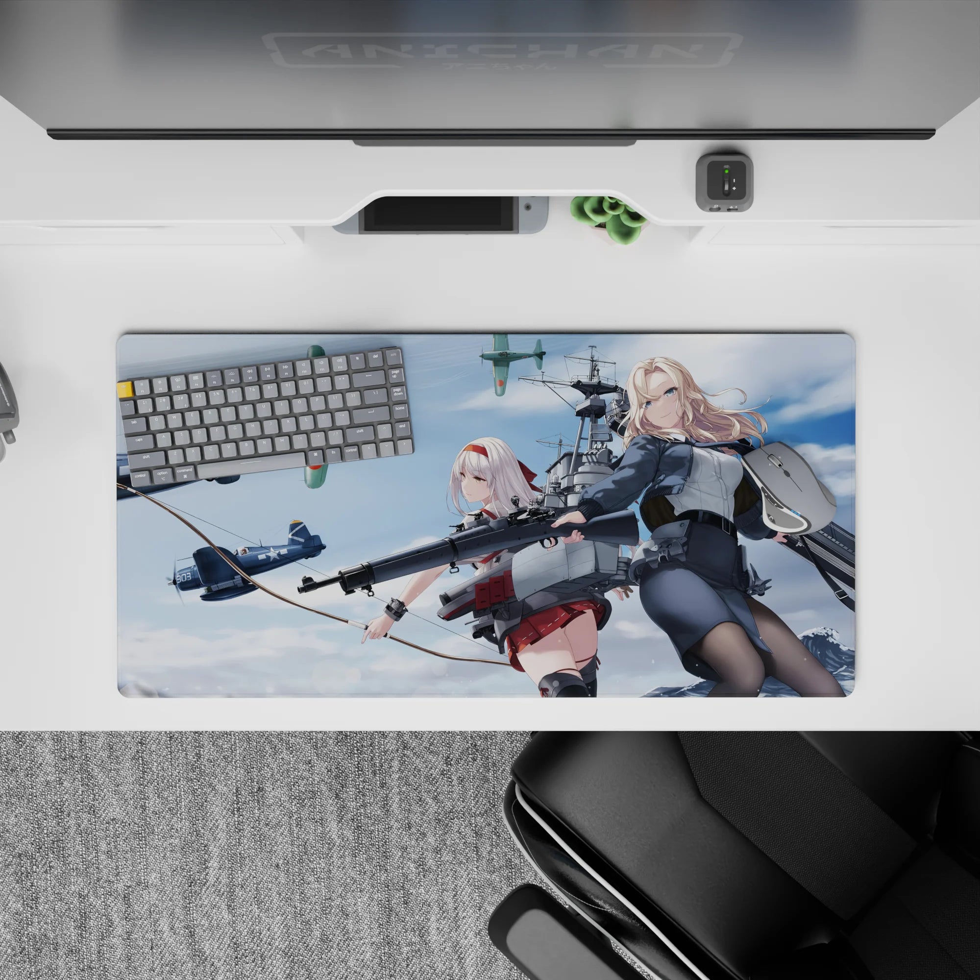Sky-battle anime girl mouse pad 32x16 inches in crisp blues, soft clouds, steel greys, and red accents.